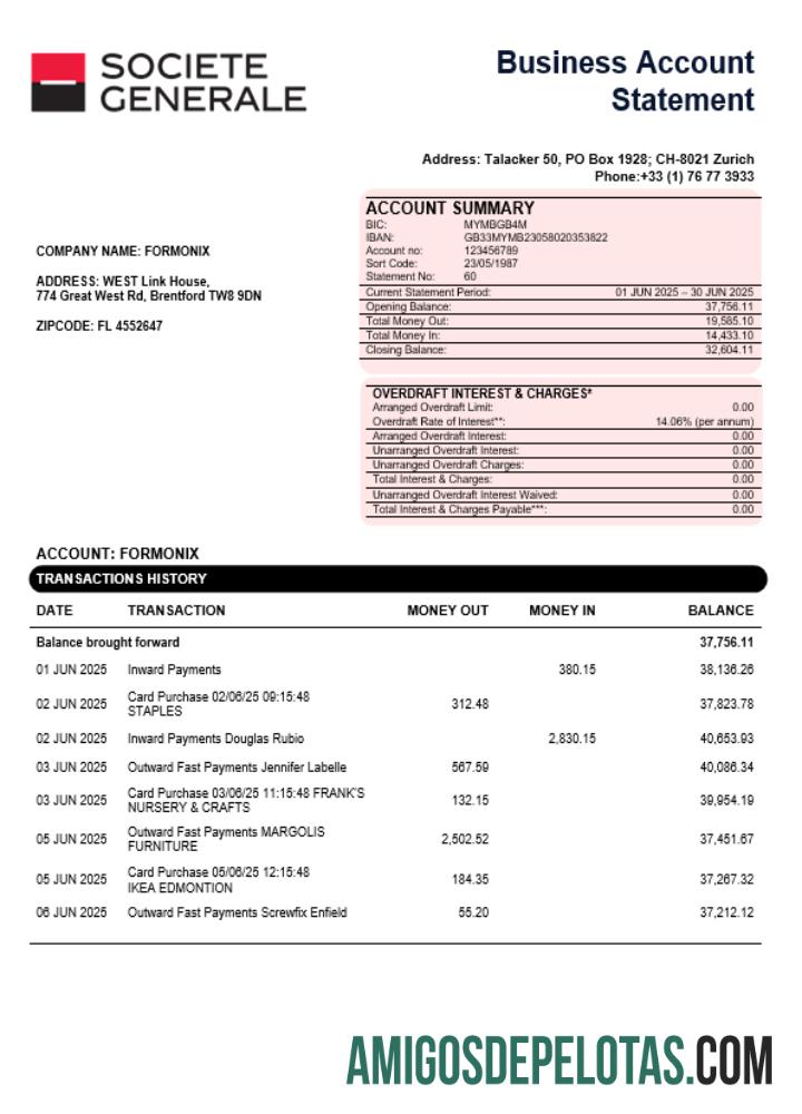 Em branco Société Générale Business modelo de extrato de conta Word e PDF